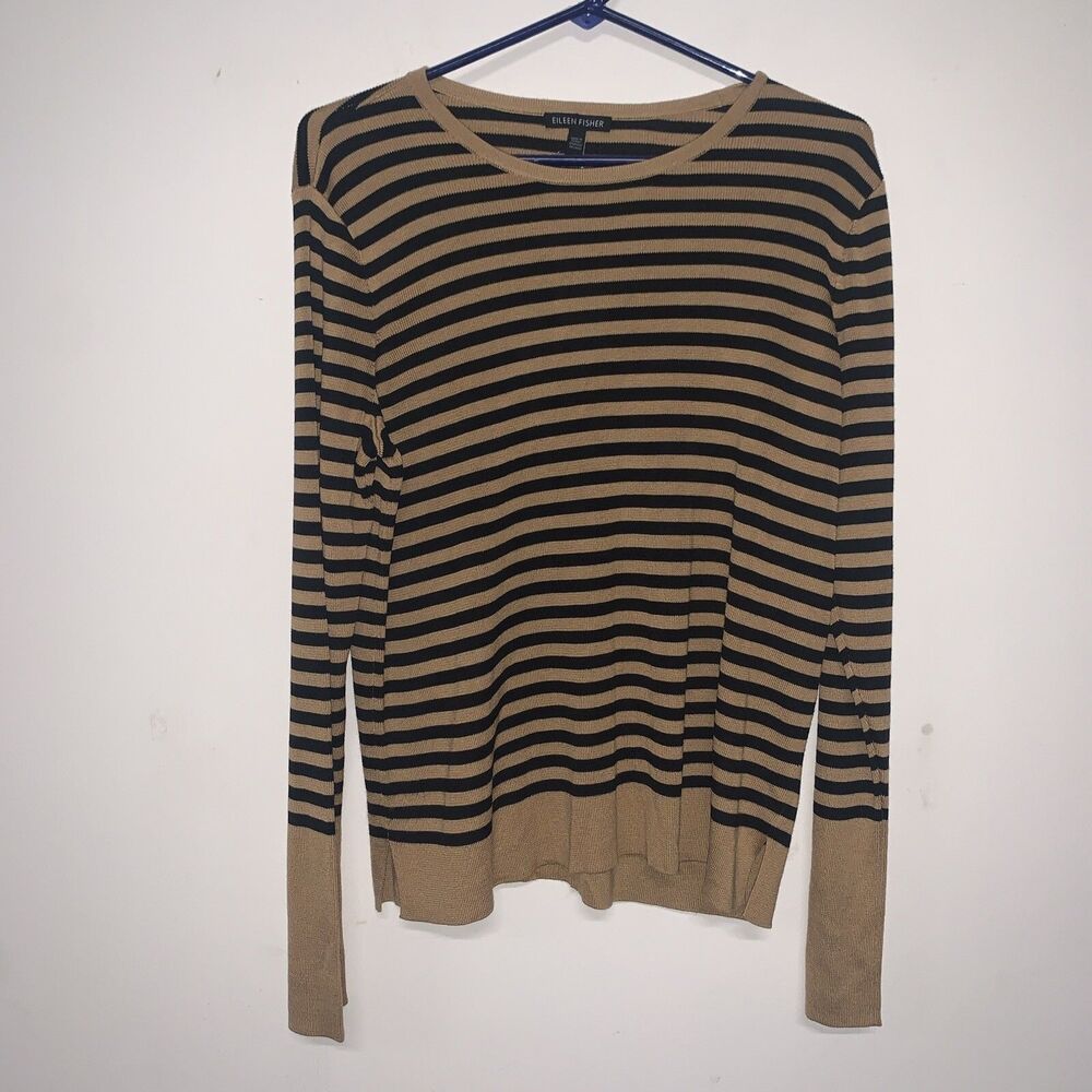 Eileen Fisher Sweater Sz L Tencel Silk Stretch Knit Crew Neck Black Gold Striped